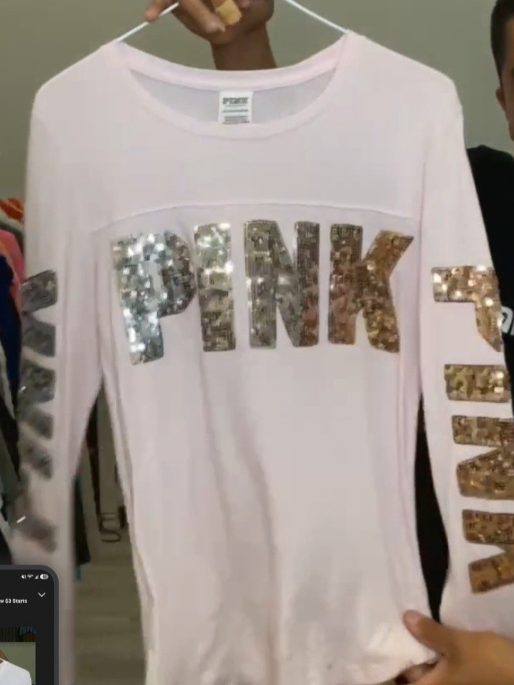 PINK Victoria's Secret White Long-Sleeve Sequin Logo Tee